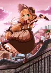 Rule 34 | 1girl, absurdres, apron, balancing, blonde hair, city, closed umbrella, dress, eiyuu (eiyuu04), full body, green eyes, hat, highres, lolita fashion, long hair, mary janes, on railing, open mouth, original, outdoors, outstretched arms, pantyhose, pink sky, ponytail, railing, ribbon, shoes, sky, solo, standing, standing on one leg, umbrella, very long hair