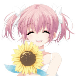 Rule 34 | ^ ^, absurdres, bad id, bad pixiv id, closed eyes, dress, flower, highres, kaname madoka, mahou shoujo madoka magica, mahou shoujo madoka magica (anime), misteor, pink hair, short hair, simple background, smile, strap, sundress, sunflower, twintails, white background