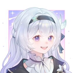 Rule 34 | 1girl, :d, black bow, black hairband, black jacket, blue eyes, bow, braid, chinese commentary, collar, commentary request, firefly (honkai: star rail), frilled collar, frills, hair between eyes, hair bow, hair intakes, hair ornament, hairband, highres, honkai: star rail, honkai (series), jacket, long hair, looking at viewer, open mouth, portrait, purple background, purple eyes, ruo qi, sidelocks, single braid, smile, solo, teeth, two-tone background, two-tone eyes, white background, white collar, white hair