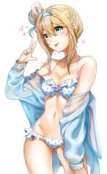 Rule 34 | 1girl, :p, asymmetrical hair, bad id, bad pixiv id, bare shoulders, bikini, blonde hair, blue eyes, blue hairband, blue jacket, blush, boba, breasts, cleavage, closed mouth, collarbone, contrapposto, cowboy shot, frilled bikini, frills, girls&#039; frontline, gluteal fold, groin, hair between eyes, hair bun, hairband, hand up, head tilt, heart, highres, jacket, legs apart, long sleeves, looking at viewer, medium breasts, navel, open clothes, open jacket, polka dot, polka dot bikini, short hair, sidelocks, simple background, single hair bun, smile, solo, standing, stomach, suomi (girls&#039; frontline), swimsuit, tareme, thighs, tongue, tongue out, w, white background