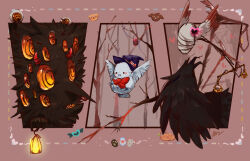 Rule 34 | aoruuto, big bird (project moon), blindfold, blue star, blush stickers, candy, commentary request, e.g.o (project moon), egg, extra eyes, fake horns, food, hair ornament, halloween, hat, heart, heart hair ornament, highres, holding, holding lantern, horns, judgement bird, lantern, lobotomy corporation, meat lantern (project moon), no humans, ppodae, project moon, punishing bird, purple headwear, ringed eyes, scorched girl, weighing scale, witch hat