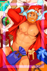 Rule 34 | 1boy, ^ ^, abs, bara, bare pectorals, beard, bulge, bulge peek, christmas, closed eyes, clothes pull, convenient censoring, covering crotch, covering privates, facial hair, from above, full beard, hat, highres, holding, holding sack, large pectorals, looking at viewer, lying, male focus, male underwear, mature male, muscular, muscular male, nakata shunpei, navel, nipples, old, old man, on back, orange hair, original, pants, pants pull, pectorals, red hat, red male underwear, sack, santa claus, santa costume, santa hat, short hair, solo, stomach, tearing up, thick beard, thick eyebrows, thick thighs, thighs, underwear