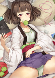 Rule 34 | 1girl, bra, breasts, brown hair, collarbone, commentary request, eyebrows hidden by hair, food in mouth, green bra, green panties, headgear, highres, holding, jacket, japanese clothes, kanzen bouon, kimono, looking at viewer, lying, mouth hold, nintendo switch, obi, on back, open clothes, open jacket, panties, pillow, plate, pleated skirt, purple skirt, red eyes, sash, skirt, small breasts, solo, spread legs, touhoku kiritan, twintails, underwear, voiceroid, white kimono