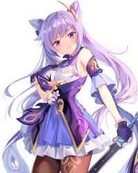 1girl, absurdres, bare shoulders, breasts, brown legwear, closed mouth, commentary, cowboy shot, dress, english commentary, expressionless, genshin impact, gloves, hair cones, hair ornament, head tilt, highres, keqing (genshin impact), large breasts, long hair, looking at viewer, off shoulder, pantyhose, purple eyes, purple hair, short dress, simple background, solo, standing, thighhighs, twintails, very long hair, white background, yaya chan