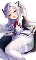 Rule 34 | 1girl, absurdres, azur lane, black dress, blush, center frills, clothes lift, commentary request, dress, dress lift, frills, green eyes, green panties, hair between eyes, hamiro, highres, long hair, long sleeves, looking at viewer, lying, necktie, ognevoy (azur lane), on side, open mouth, panties, panties under pantyhose, pantyhose, red necktie, school uniform, simple background, smile, solo, two-tone dress, underwear, white background, white dress, white hair, white pantyhose