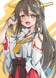 Rule 34 | 1girl, bare shoulders, black hair, brown eyes, detached sleeves, gold hairband, hair ornament, hairband, hairclip, hakama, haruna (kancolle), haruna kai ni (kancolle), headgear, highres, japanese clothes, kantai collection, long hair, nontraditional miko, one-hour drawing challenge, popped collar, red hakama, red skirt, ribbon-trimmed sleeves, ribbon trim, skirt, solo, usami (50-point caliper)