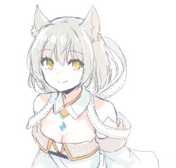 Rule 34 | 1girl, animal ear fluff, animal ears, bare shoulders, breasts, cleavage, closed mouth, dress, grey hair, hair between eyes, looking at viewer, mio (xenoblade), mizuki riko, simple background, small breasts, smile, solo, upper body, white background, white dress, xenoblade chronicles (series), xenoblade chronicles 3, yellow eyes