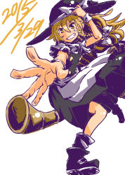 Rule 34 | 1girl, blonde hair, bow, braid, broom, broom riding, dated, grin, hair bow, hat, highres, kirisame marisa, long hair, sidesaddle, simple background, sketch, smile, solo, the maa, touhou, witch hat, yellow eyes