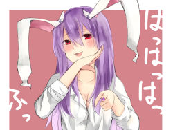 Rule 34 | 1girl, animal ears, breasts, cleavage, collarbone, highres, laughing, long hair, long sleeves, medium breasts, nagata nagato, ojou-sama pose, open mouth, pointing, pointing at viewer, purple hair, rabbit ears, red eyes, reisen udongein inaba, shirt, simple background, solo, touhou, upper body