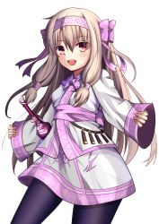 Rule 34 | 1girl, :d, ainu clothes, black pantyhose, blush, bow, commentary request, cowboy shot, fate/grand order, fate (series), fingernails, hair between eyes, hair bow, hairband, highres, illyasviel von einzbern, light brown hair, long hair, long sleeves, looking at viewer, mishiro (ixtlolton), open mouth, pantyhose, pinching sleeves, pink bow, pink hairband, red eyes, round teeth, sidelocks, simple background, sitonai (fate), sleeves past wrists, smile, solo, sword, teeth, thighs, upper teeth only, very long hair, weapon, white background, wide sleeves