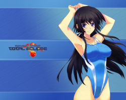 Rule 34 | black hair, blue eyes, breasts, competition swimsuit, covered erect nipples, highleg, highleg swimsuit, iizuki tasuku, large breasts, long hair, muv-luv, muv-luv alternative, muv-luv total eclipse, non-web source, one-piece swimsuit, solo, swimsuit, takamura yui, total eclipse, wallpaper