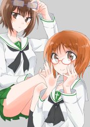 Rule 34 | 2girls, adjusting eyewear, alternate costume, bespectacled, black neckerchief, blouse, brown eyes, brown hair, closed mouth, commentary, girls und panzer, glasses, green skirt, grey background, highres, hinase (twoxout), invisible chair, light frown, long sleeves, looking at viewer, miniskirt, multiple girls, neckerchief, nishizumi maho, nishizumi miho, ooarai school uniform, pleated skirt, rectangular eyewear, red-framed eyewear, sailor collar, school uniform, serafuku, shirt, short hair, siblings, simple background, sisters, sitting, skirt, smile, white sailor collar, white shirt
