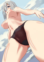 Rule 34 | 10s, 1girl, black panties, blue eyes, blush, breasts, cameltoe, female focus, from below, hair ornament, hair over one eye, hairclip, hamakaze (kancolle), kantai collection, lace, lace-trimmed panties, lace trim, large breasts, lingerie, mushin, navel, nipples, outdoors, panties, panties only, perky breasts, shiny skin, short hair, silver hair, sky, solo, standing, thighs, topfreedom, topless, underwear, underwear only