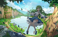 Rule 34 | 1girl, ;d, armpit peek, blue footwear, blue skirt, blue sky, breasts, bridge, cliff, commentary request, dappled sunlight, day, detached sleeves, falling leaves, flower, flying, frog hair ornament, full body, gohei, green eyes, green hair, hair ornament, hair tubes, highres, holding, kochiya sanae, lake, leaf, leidami, lens flare, lily pad, long hair, long skirt, looking at viewer, mary janes, medium breasts, moss, mountain, mountainous horizon, nature, navel, nontraditional miko, onbashira, one eye closed, open mouth, outdoors, outstretched arm, outstretched hand, path, plant, print skirt, road, rock, scenery, shirt, shoes, sign, skirt, sky, sleeveless, sleeveless shirt, smile, snake hair ornament, socks, solo, stairs, statue, stone stairs, sunlight, torii, touhou, tree, tree shade, vines, water, waterfall, white flower, white shirt, white socks, wide sleeves, wind, wooden bridge