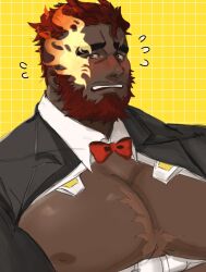 Rule 34 | 1boy, bara, bare pectorals, beard, bow, bowtie, chest harness, dark-skinned male, dark skin, eyebrow cut, facial hair, flaming eye, flying sweatdrops, framed pectorals, harness, hephaestus (housamo), highres, huge eyebrows, ichito0714, large pectorals, looking at viewer, male focus, mature male, muscular, muscular male, mustache stubble, nipples, official alternate costume, pectorals, red eyes, short hair, solo, stubble, tearing up, thick beard, thick eyebrows, tokyo houkago summoners, underbust, upper body, very dark skin