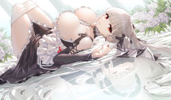 Rule 34 | 1girl, absurdres, azur lane, bare shoulders, between breasts, breasts, choker, cleavage, clothes pull, commentary request, different reflection, dress, dual persona, earrings, flower, formidable (azur lane), frilled dress, frills, full body, garden, gem, grey hair, hair ribbon, heart, highres, jewelry, jfzm001, large breasts, legs together, little formidable (azur lane), long hair, looking at viewer, lying, maid, on back, outdoors, pantyhose, pantyhose pull, parted lips, partial commentary, red eyes, reflection, ribbon, rose, solo, thighs, twintails, very long hair, white flower, white rose