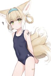 Rule 34 | 1girl, ?, absurdres, animal ear fluff, animal ears, arknights, bandaid, bandaid on leg, bare shoulders, blonde hair, blue hairband, blue one-piece swimsuit, blush, braid, breasts, closed mouth, collarbone, covered navel, cowboy shot, fox ears, fox girl, fox tail, gachigachi, green eyes, hairband, highres, long hair, looking at viewer, material growth, multicolored hair, multiple tails, name tag, old school swimsuit, one-piece swimsuit, oripathy lesion (arknights), paid reward available, school swimsuit, sidelocks, small breasts, solo, spoken question mark, standing, suzuran (arknights), swimsuit, tail, white background, white hair