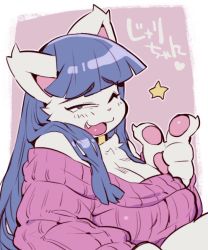Rule 34 | 1girl, animal ears, arm rest, blue eyes, blue hair, breasts, cat ears, collar, female focus, furry, furry female, juri-chan, large breasts, long hair, looking at viewer, matching hair/eyes, one eye closed, open mouth, original, pawpads, pointing, sanjiro (tenshin anman), simple background, smile, smug, solo, star (symbol), sweater, upper body, wink