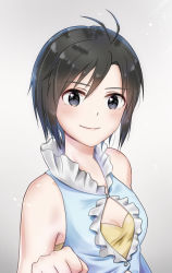Rule 34 | 1girl, antenna hair, black eyes, black hair, blush, breasts, cleavage, cleavage cutout, clenched hand, clothing cutout, collarbone, grey background, hair between eyes, highres, idolmaster, idolmaster (classic), kikuchi makoto, looking at viewer, mogskg, short hair, small breasts, smile, solo, upper body