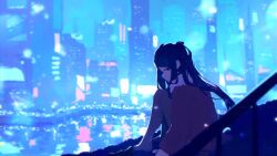 Rule 34 | 1girl, absurdres, arm at side, black footwear, black hair, city lights, dated, from side, fur-trimmed jacket, fur trim, highres, jacket, jill stingray, knees to chest, lake, looking at viewer, outdoors, profile, railing, red eyes, red jacket, reflection, reflective water, rnna, shoes, sideways glance, signature, solo, twintails, unworn shoes, va-11 hall-a