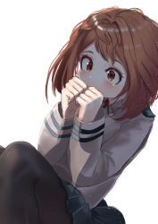 Rule 34 | 10s, 1girl, black pantyhose, black skirt, blush, boku no hero academia, brown eyes, brown hair, clenched hands, commentary request, covering own mouth, dot nose, feet out of frame, grey jacket, hand to own mouth, jacket, leggings, long sleeves, looking at viewer, pantyhose, pleated skirt, red neckwear, school uniform, short hair, simple background, skirt, solo, uraraka ochako, white background, zd (pixiv6210083)