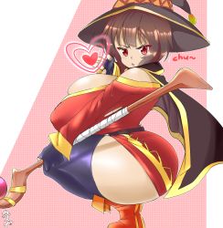 Rule 34 | 1girl, absurdres, alternate ass size, alternate breast size, ass, bare shoulders, boots, breasts, brown hair, cape, curvy, dress, fingerless gloves, gloves, hat, heart, highres, huge ass, huge breasts, kono subarashii sekai ni shukufuku wo!, looking at viewer, looking to the side, megumin, red dress, red eyes, short hair, simple background, skindentation, solo, squatting, staff, thick thighs, thighhighs, thighs, torn clothes, witch, witch hat, zoey kazuya