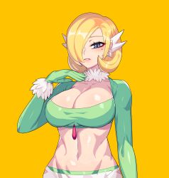 Rule 34 | 1girl, abs, alternate breast size, blonde hair, blush, breasts, cleavage, collarbone, commentary request, cosplay, creatures (company), cynthia (pokemon), drunkoak, eyelashes, flipped hair, game freak, gardevoir, gardevoir (cosplay), gen 3 pokemon, gloves, green gloves, grey eyes, hair over one eye, hand up, highres, korean commentary, looking at viewer, mole, mole under eye, navel, nintendo, parted lips, pokemon, pokemon dppt, shiny skin, simple background, solo, upper body, yellow background