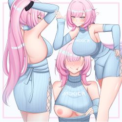 Rule 34 | 1girl, absurdres, armpits, blush, breasts, closed mouth, collarbone, elysia (honkai impact), heart, highres, honkai (series), honkai impact 3rd, large breasts, laxiusart, long hair, looking at viewer, looking back, multiple views, nipples, pink hair, pointy ears, solo