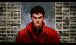 Rule 34 | 1980s (style), 1boy, akira (manga), brown hair, building, city, cyberpunk, damaged, dave rapoza, dust, goggles, jacket, kaneda shoutarou (akira), letterboxed, looking at viewer, male focus, manly, oldschool, paper, realistic, retro artstyle, science fiction, serious, smoke, solo, upper body, watermark, web address
