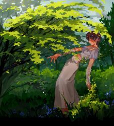 Rule 34 | 1girl, absurdres, arm warmers, blue flower, brown hair, bush, closed mouth, commentary request, day, flower, full body, grass, highres, leaning back, midriff, myango (applemangocrape), original, outdoors, profile, puffy short sleeves, puffy sleeves, purple shirt, shirt, short hair, short sleeves, skirt, solo, tree, white skirt