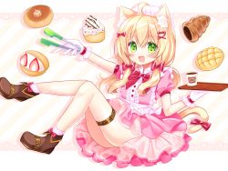 Rule 34 | 1girl, :d, ahoge, animal ear fluff, animal ears, blonde hair, blush, boots, bow, bread, brown footwear, cat ears, cat girl, cat tail, chocolate cornet, coffee cup, commentary request, cup, cupcake, diagonal stripes, disposable cup, dress, food, fruit, gloves, green eyes, hair between eyes, hair bow, hair ornament, hairclip, holding, holding tray, long hair, looking at viewer, open mouth, original, pink dress, pleated dress, puffy short sleeves, puffy sleeves, red bow, shikito (yawa0w0), short sleeves, smile, socks, solo, strawberry, striped background, striped clothes, striped socks, tail, tail bow, tail ornament, tongs, tray, vertical-striped clothes, vertical-striped socks, white gloves, white socks, x hair ornament