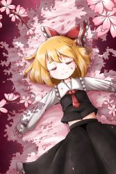 Rule 34 | 1girl, cherry blossoms, closed eyes, female focus, highres, lying, nature, navel, on back, outdoors, plant, roco (katsuya1011), rumia, skirt, solo, touhou