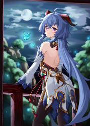 Rule 34 | 1girl, absurdres, ahoge, backless outfit, bare shoulders, black legwear, blue hair, bow, bowtie, bug, butterfly, chinese knot, curled horns, detached sleeves, full moon, ganyu (genshin impact), genshin impact, gold trim, highres, horns, insect, long hair, looking at viewer, moon, night, purple eyes, scenery, setsurimu (pro viden), solo, tassel, very long hair, vision (genshin impact), white sleeves