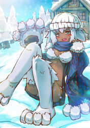 Rule 34 | 1girl, :d, absurdres, animal hands, beanie, blush, blush stickers, breasts, coat, dark-skinned female, dark skin, eyebrows, fur, green eyes, hat, highres, house, looking at viewer, md5 mismatch, medium breasts, monster girl, monster girl encyclopedia, open mouth, resolution mismatch, scarf, short hair, silver hair, sitting, smile, snow, snowing, solo, source smaller, sud (sudea), tree, white fur, yeti (monster girl encyclopedia)