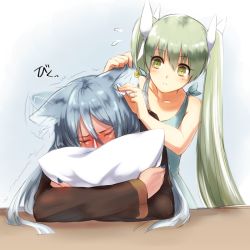 Rule 34 | 1boy, 1girl, afterimage, animal ears, blue dress, blue hair, blue nails, blush, cleaning, closed eyes, dark skin, dress, ear wiggle, earclip, eargasm, face in pillow, flying sweatdrops, fox ears, frey (rune factory), grabbing another&#039;s ear, green hair, hair between eyes, hair ribbon, hand on another&#039;s ear, head tilt, jewelry, leon (rune factory), long hair, long sleeves, looking at another, motion lines, nail polish, niduca (hio touge), nose blush, hugging object, parted lips, pillow, pillow hug, ribbon, ring, rune factory, rune factory 4, sketch, sleeveless, sleeveless dress, tears, trembling, twintails, uncommon stimulation, very long hair, wedding band, white ribbon