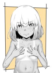 Rule 34 | 1girl, absurdres, blush, breast hold, breasts, closed mouth, collarbone, covering privates, covering breasts, embarrassed, fang, girls und panzer, groin, highres, katyusha (girls und panzer), looking at viewer, monochrome, navel, orange theme, partially colored, rorimo, shiny skin, short hair, simple background, small breasts, solo, standing, sweat, tan, tanline, two-tone background