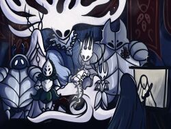Rule 34 | armor, canvas (object), hollow eyes, hollow knight, horns, isma, lurien (hollow knight), multiple others, pale king (hollow knight), standing, vulturereyy, white lady (hollow knight)