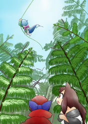 Rule 34 | 3girls, :o, animal ears, blue bow, blue hair, blue sky, bow, brown hair, fins, forest, grass root youkai network, green kimono, hair bow, head fins, imaizumi kagerou, japanese clothes, kimono, long hair, looking at another, multiple girls, nature, off shoulder, open mouth, outdoors, purple bow, red eyes, red hair, sekibanki, short hair, sky, touhou, wakasagihime, wolf ears, yukimuro
