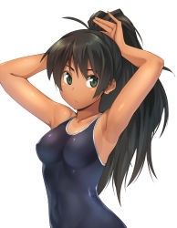 Rule 34 | 1girl, adjusting hair, armpits, arms behind head, arms up, black hair, blue eyes, breasts, ganaha hibiki, highres, idolmaster, idolmaster (classic), long hair, looking at viewer, one-piece swimsuit, ponytail, school swimsuit, solo, swimsuit, tan, tanline, torii yoshitsuna