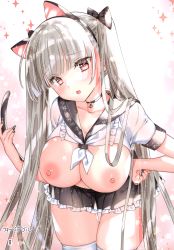 Rule 34 | 1girl, absurdres, animal ears, azur lane, blush, bow, breasts, cat ears, cat tail, collar, collarbone, fake animal ears, fang, fingernails, formidable (azur lane), frilled skirt, frills, gradient background, hair bow, hair ornament, hand on own hip, hand up, highres, kamiya maneki, large breasts, leaning forward, long hair, nail polish, nipples, open mouth, page number, pleated skirt, red eyes, scan, shiny skin, short sleeves, silver hair, skin fang, skirt, solo, tail, thighhighs, thighs, twintails, white thighhighs