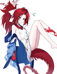 Rule 34 | 1girl, absurdres, barefoot, black horns, blue archive, blush, bow, breasts, flying sweatdrops, hair bow, hair ribbon, halo, haori, highres, hip vent, horns, japanese clothes, legs, makeup, mark jin, medium hair, off shoulder, ponytail, red eyes, red hair, red halo, red sailor collar, red tail, renge (blue archive), ribbon, sailor collar, sideless outfit, simple background, single horn, sleeveless, small breasts, solo, tail, thighs, white background, white bow, white ribbon