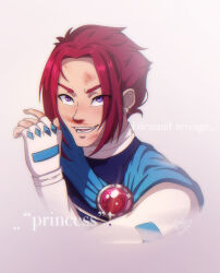 Rule 34 | 1boy, alternate hairstyle, animification, blood, bruise, earpiece, english text, fingerless gloves, gloves, highres, injury, male focus, nosebleed, portrait, procreate (medium), purple eyes, red hair, riven (winx club), solo, teeth, winx club, witchpeacharty