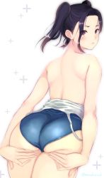 Rule 34 | 1girl, artist name, ass, ass grab, back, backlighting, black hair, blue one-piece swimsuit, blush, clothes pull, cowboy shot, dripping, from behind, frown, grabbing own ass, highres, kobayakawa rinko, lips, looking at viewer, looking back, love plus, masaoka misaki, one-piece swimsuit, one-piece swimsuit pull, school swimsuit, shiny skin, short hair, shoulder blades, solo, standing, swimsuit, topless, twintails, twitter username, undressing, wet