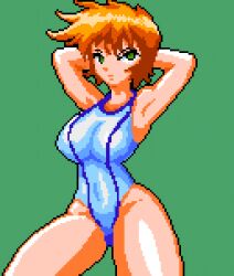 Rule 34 | 1girl, armpits, arms behind head, breasts, covered navel, creatures (company), game freak, green eyes, highres, large breasts, legs, misty (pokemon), nintendo, one-piece swimsuit, orange hair, pixel art, pokemon, pokemon hgss, short hair, swimsuit, thighs
