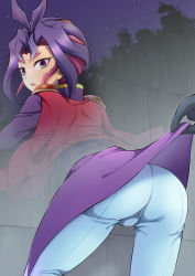 Rule 34 | 1boy, ass, cape, from behind, looking back, multicolored hair, pants, parted lips, purple eyes, purple hair, short hair, stuck, through wall, tight clothes, tight pants, two-tone hair, you gonna get raped, yu-gi-oh!, yu-gi-oh! arc-v, yuhi k, yuri (yuu-gi-ou arc-v)