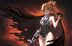 Rule 34 | 1girl, armor, bare shoulders, black leotard, black thighhighs, blonde hair, braid, breastplate, breasts, brown cape, cape, clarent (fate), covered navel, fate/apocrypha, fate (series), faulds, french braid, green eyes, grin, hair ornament, hair scrunchie, highres, leotard, long hair, looking at viewer, mordred (fate), mordred (fate/apocrypha), navel, parted bangs, ponytail, scrunchie, sidelocks, small breasts, smile, sword, thighhighs, thighs, tonee, weapon