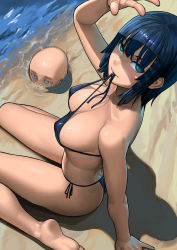 Rule 34 | 1boy, 1girl, arm support, ass, bald, bare arms, bare legs, bare shoulders, barefoot, bikini, black bikini, black ribbon, blue bikini, blue eyes, blue hair, blunt bangs, breasts, cleavage, collarbone, covering face, from above, fubuki (one-punch man), highres, large breasts, lasterk, looking at viewer, looking up, mouth hold, ocean, on ground, one-punch man, ribbon, saitama (one-punch man), sand, shadow, shore, short hair, side-tie bikini bottom, sitting, soles, solo focus, string bikini, submerged, sunlight, swimsuit, thighs, tsurime, untied bikini, wariza, water