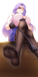 Rule 34 | 1girl, absurdres, breasts, crossed legs, eyepatch, feet, glasses, gloves, hand on own knee, highres, large breasts, long hair, looking at viewer, parted lips, pov, purple hair, red eyes, riding crop, see-through, see-through legwear, sitting, soles, toes