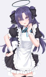 Rule 34 | 1girl, absurdres, akazaki yukino, alternate costume, apron, black bow, black dress, black thighhighs, blue archive, blush, bow, commentary request, dress, enmaided, frilled apron, frilled dress, frills, grey background, hair bow, halo, hand on own hip, highres, long hair, looking at viewer, maid, maid apron, open mouth, parted bangs, puffy short sleeves, puffy sleeves, purple eyes, purple hair, short sleeves, sidelocks, simple background, solo, thighhighs, two side up, white wrist cuffs, wrist cuffs, yuuka (blue archive), zettai ryouiki
