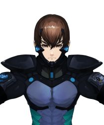 Rule 34 | 1boy, artist request, brown eyes, brown hair, eyebrows hidden by hair, fortified suit, hair between eyes, looking at viewer, male focus, muv-luv, muv-luv alternative, official art, pilot suit, project mikhail, shirogane takeru, skin tight, solo, transparent background, upper body, v-shaped eyebrows